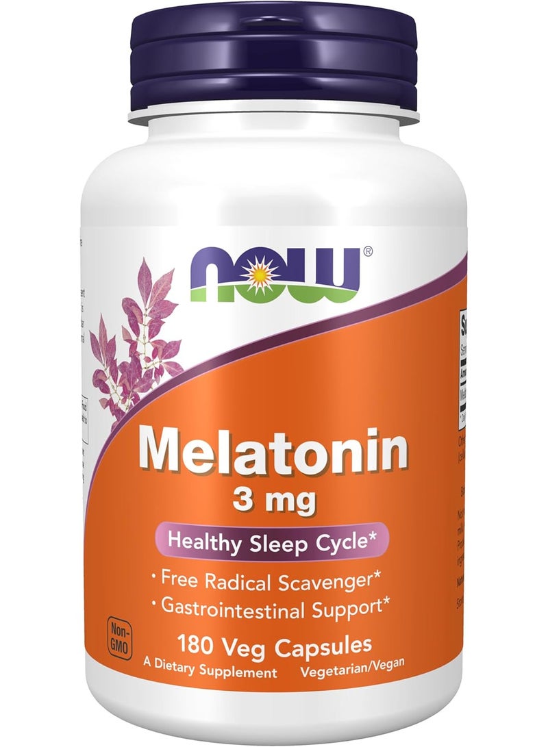 now Supplements, Melatonin 3 mg, Free Radical Scavenger*, Healthy Sleep Cycle*, 180 Veg Capsules - Image 1
